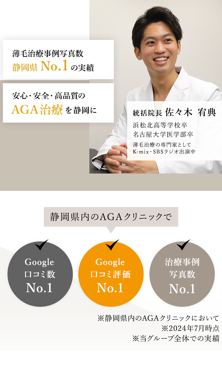 静岡県内のAGAクリニックでGoogle口コミ数No.1/Google口コミ評価No.1/治療事例写真数No.1 薄毛治療事例写真数静岡県NO１の実績 安心・安全・高品質のAGA治療を浜松に 統括院長 佐々木 宥典 浜松北高等学校卒 名古屋大学医学部卒 薄毛の専門家としてK-mix・SBSラジオ出演中